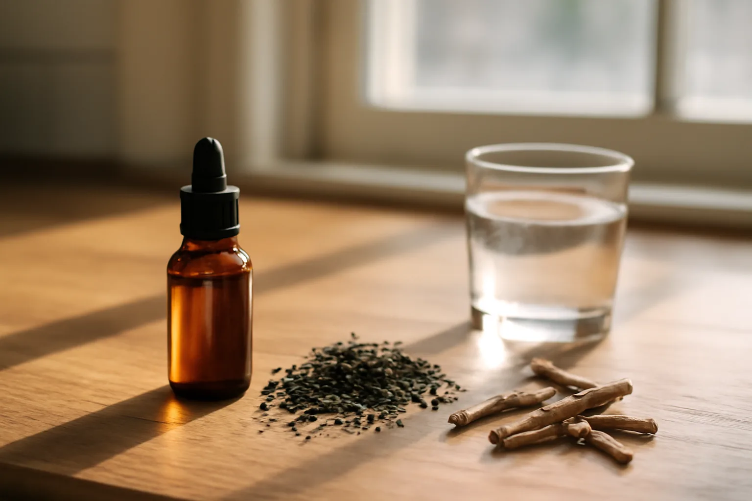 Natural anxiolytic ingredients like tea leaves and ashwagandha root on a counter