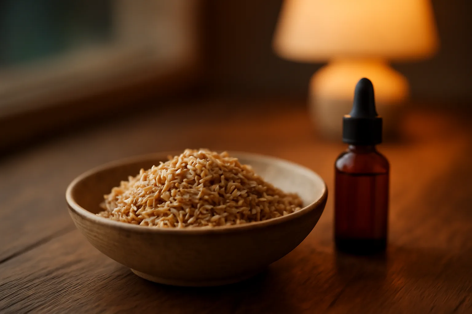 Kava root shavings in a bowl next to a dropper bottle on a wooden table