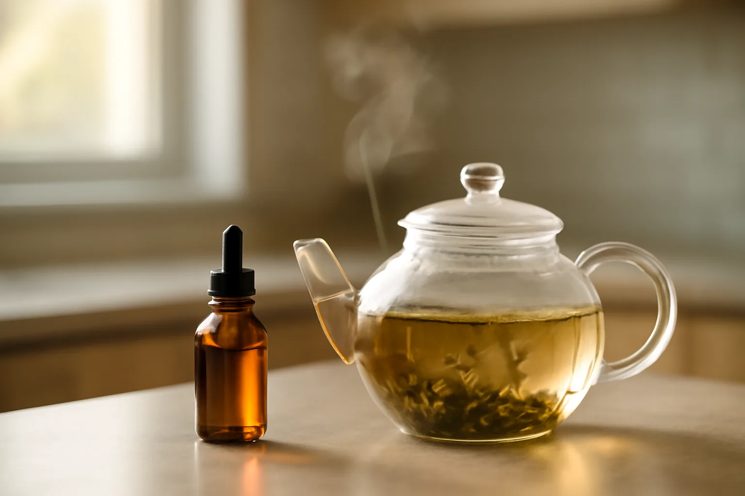 Steeping tea beside an unlabeled dropper bottle, comparing selank and l-theanine