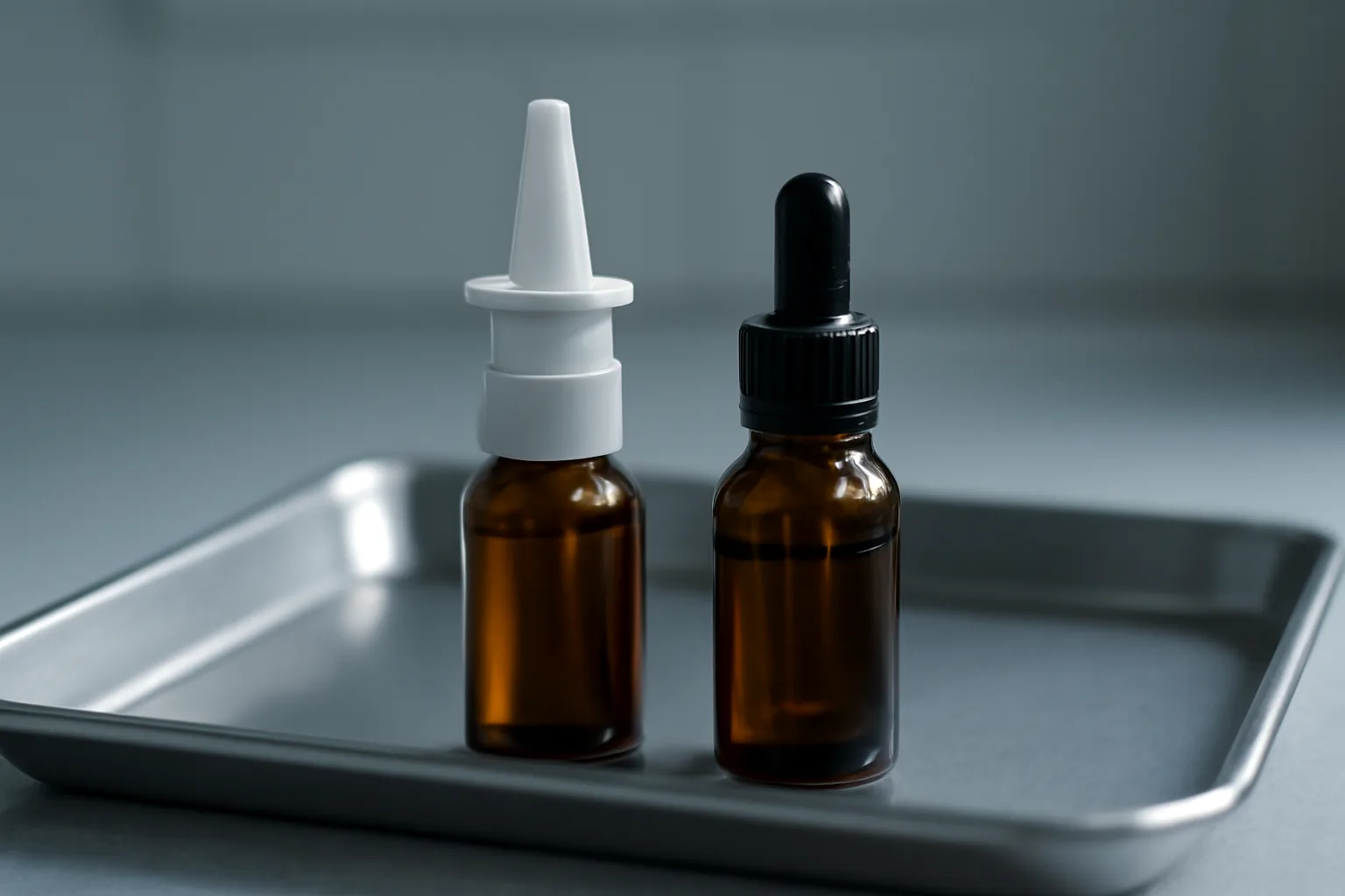 Two amber vials representing selank and noopept peptide comparison on a lab tray
