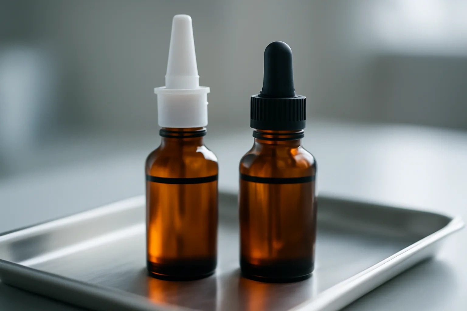 Two unlabeled amber vials representing selank and phenibut on a steel tray