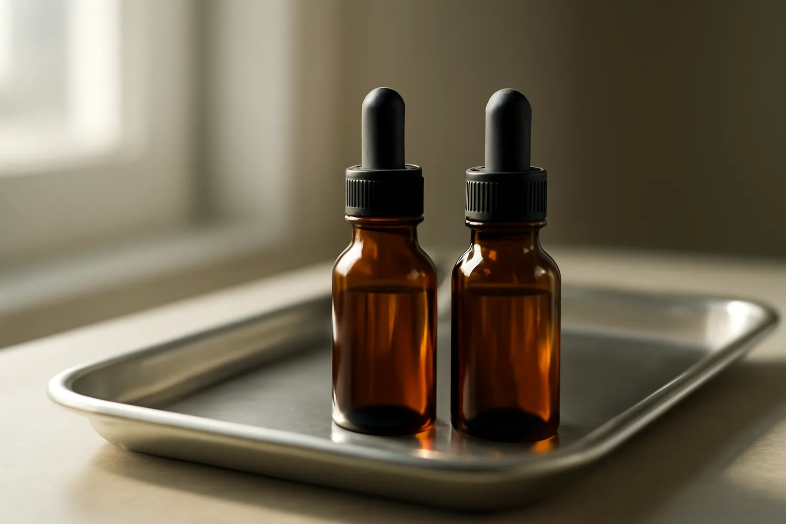 Two unlabeled peptide vials on a steel tray representing semax vs selank comparison