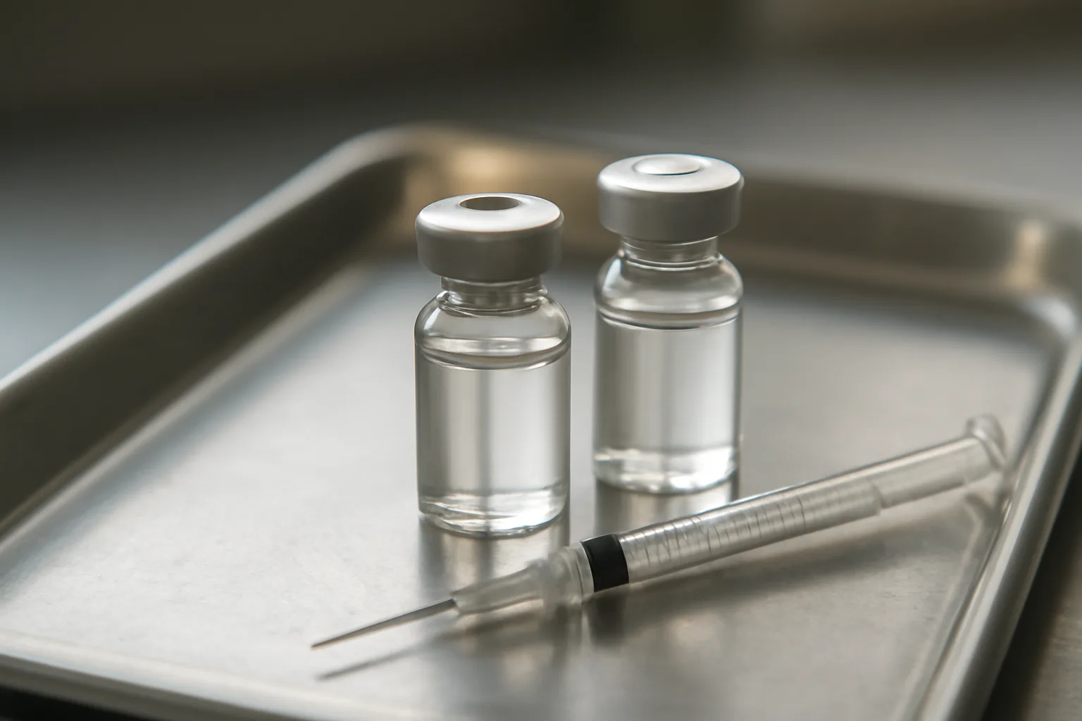 Two unlabeled peptide vials on a steel tray, comparing semax vs selank visually