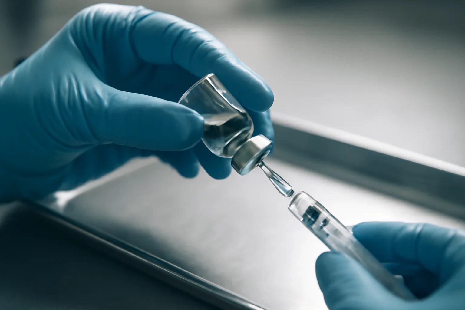 Hand reconstituting a peptide vial with a syringe on a lab tray