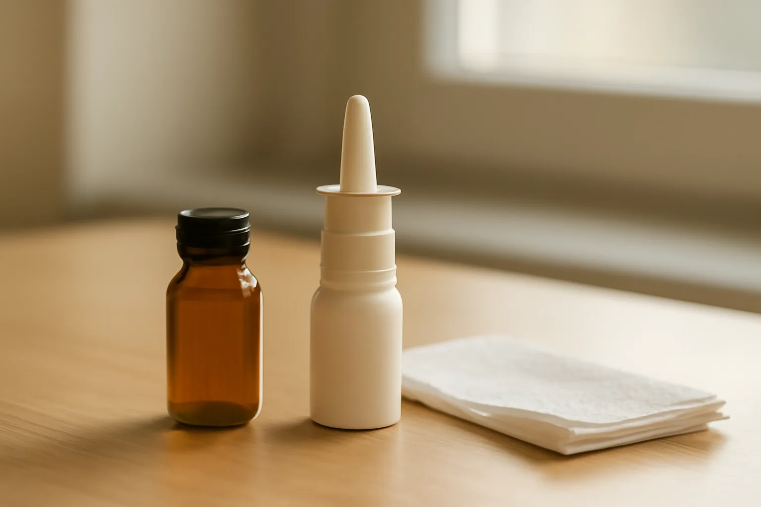 Vial and nasal spray bottle on a desk, illustrating how to take selank peptide