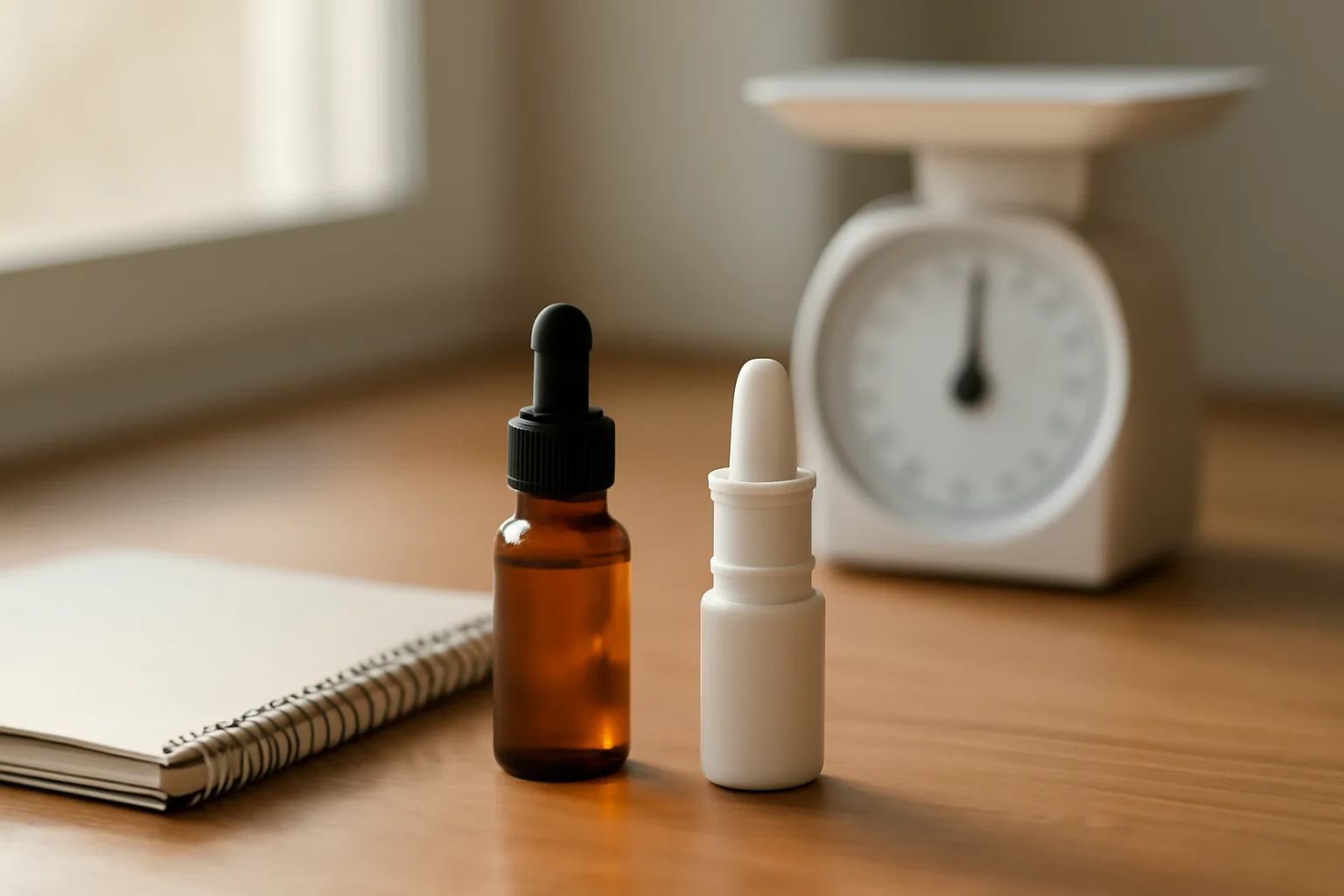 Nasal spray bottle and dropper on a desk suggesting Selank dosage calculation