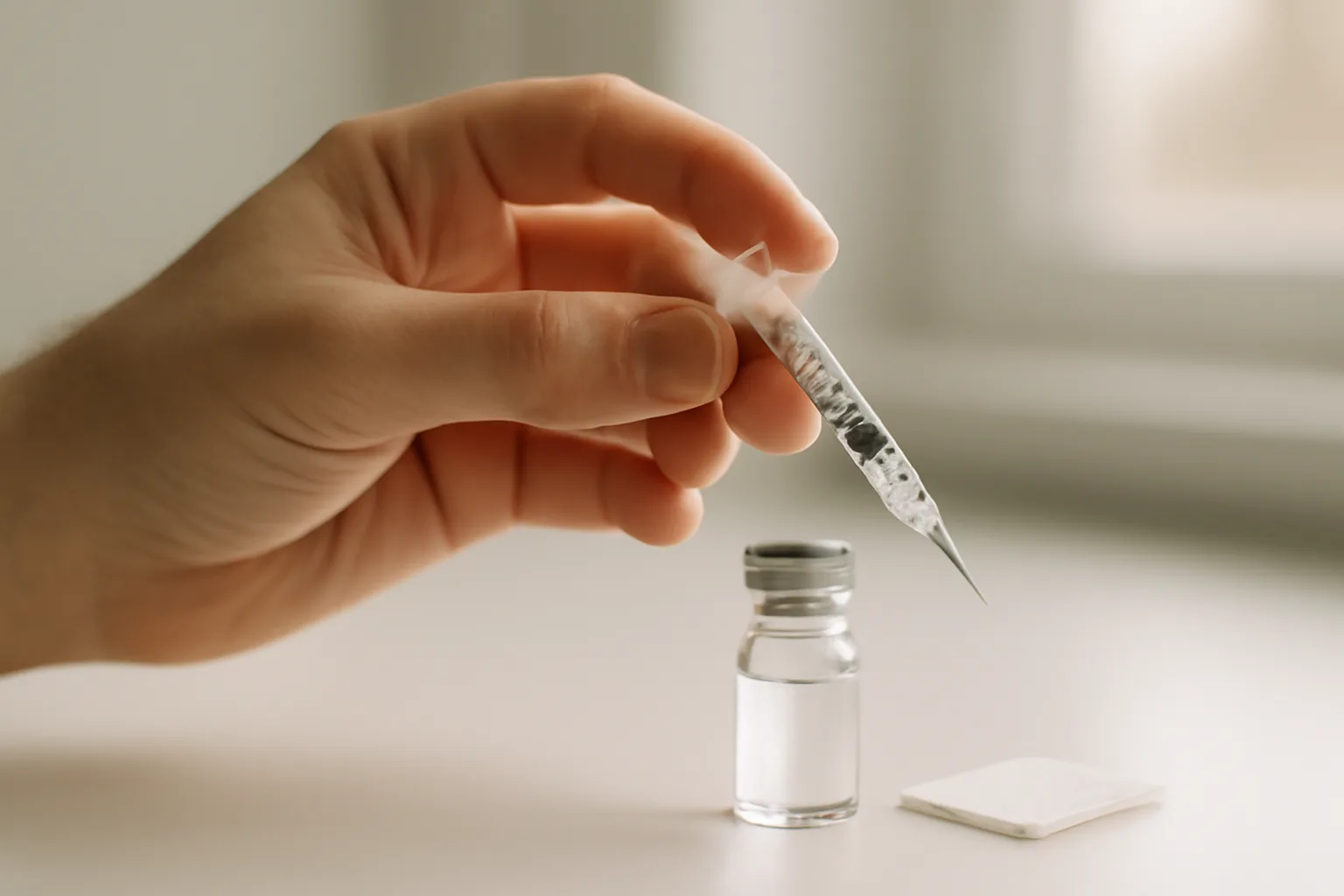 Hand preparing an insulin syringe beside a glass vial for a subcutaneous injection