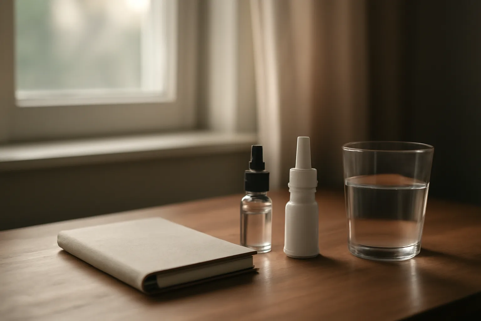 Morning desk scene with nasal spray and dropper bottle representing a selank dosing timeline