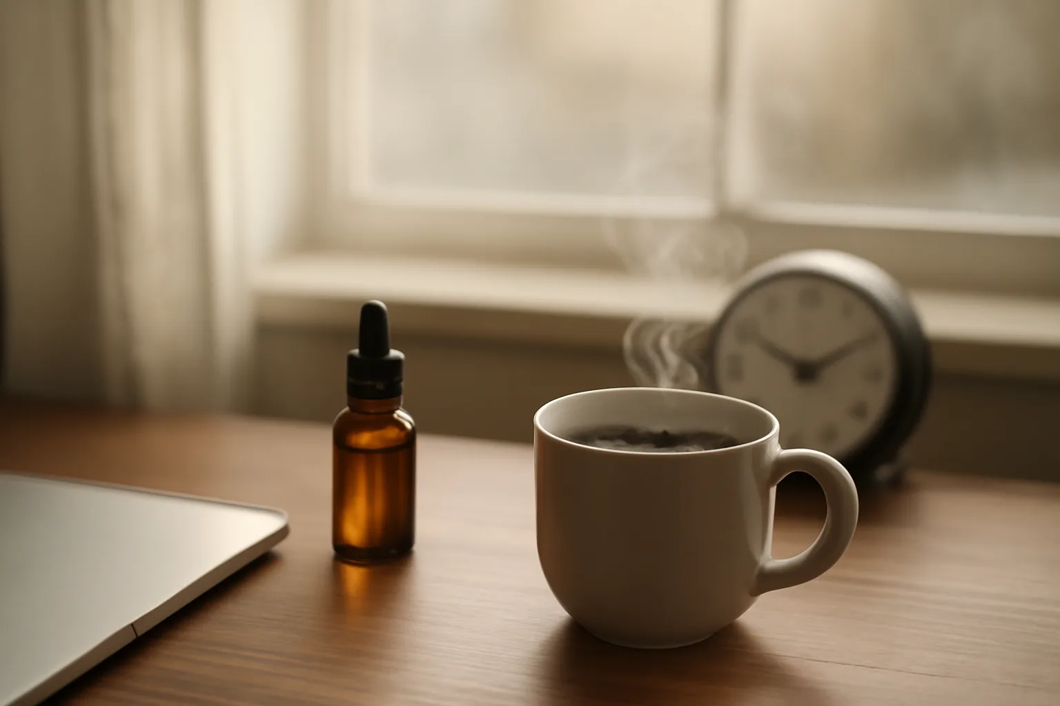 Desk scene at morning light suggesting the wait involved in how long selank takes to work