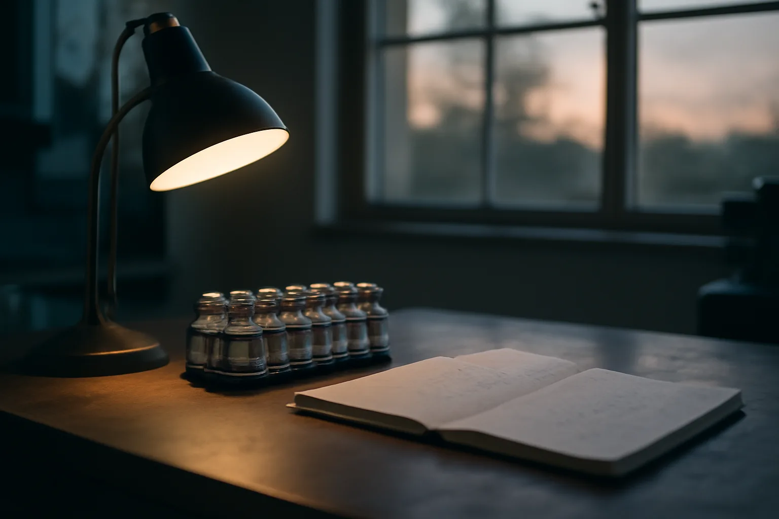 Lab bench with vials and handwritten notes representing selank animal studies versus human evidence