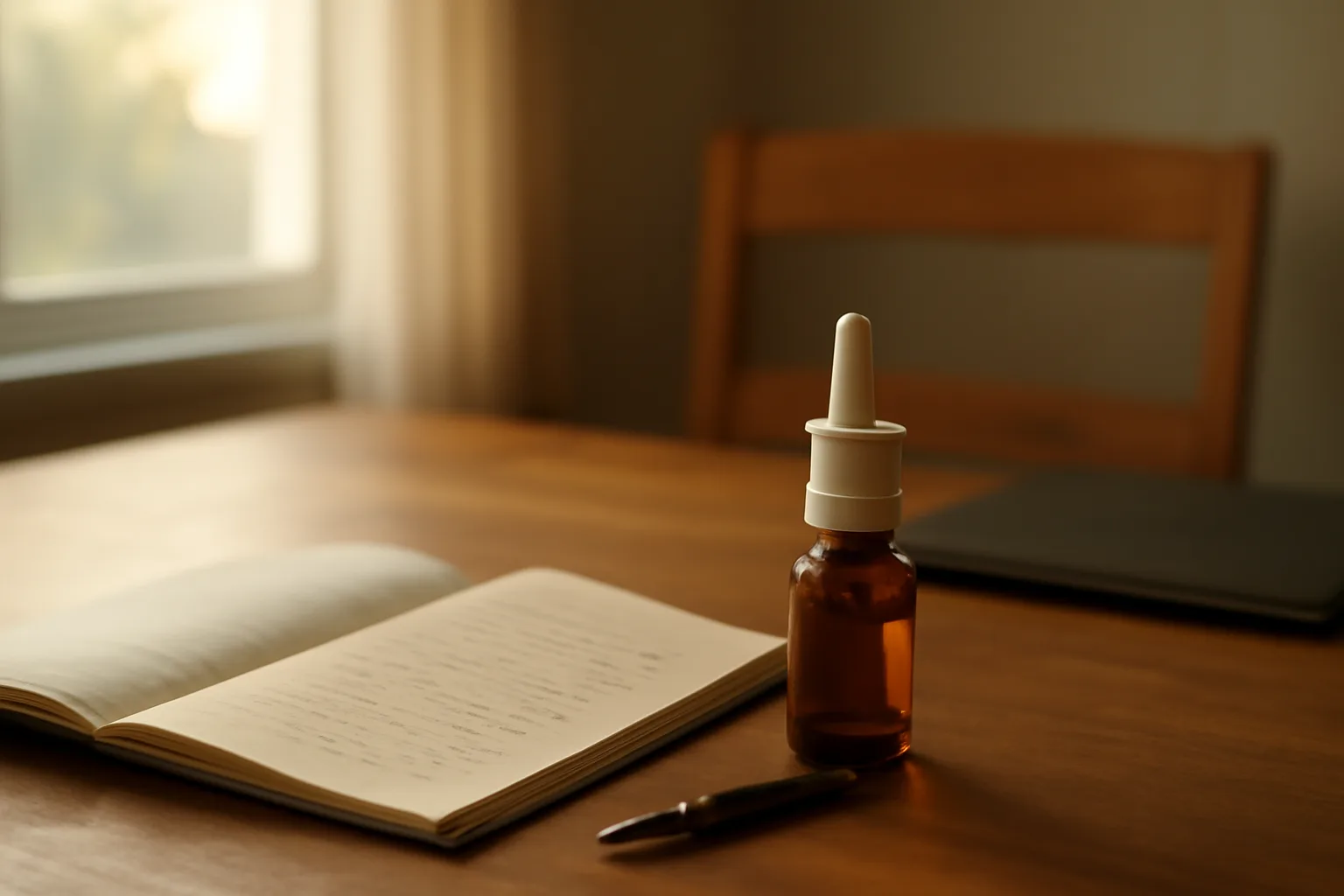Amber nasal spray bottle and handwritten tracking notebook on a desk in morning light