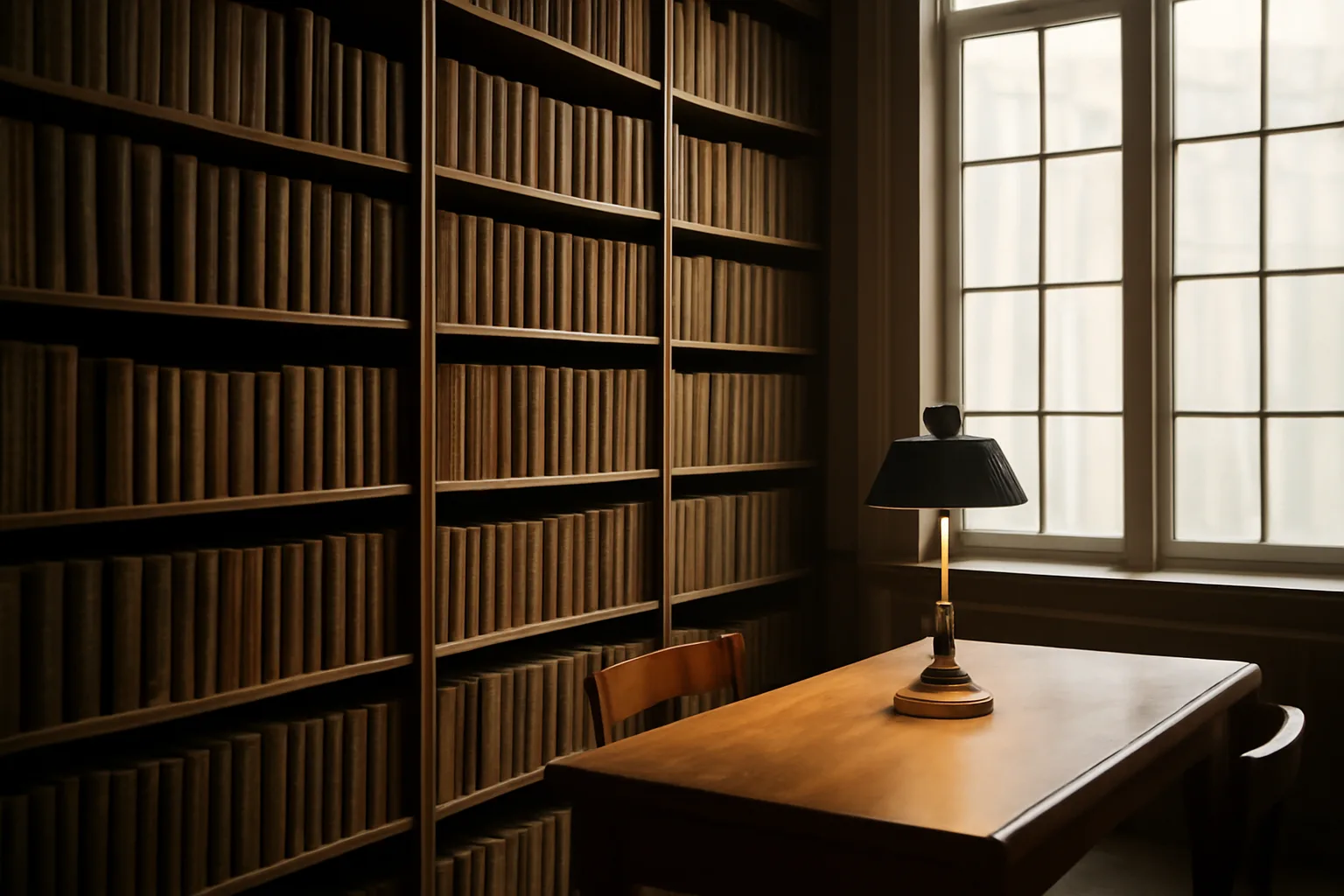 Archive room with bound clinical journals, evoking selank clinical trials research history