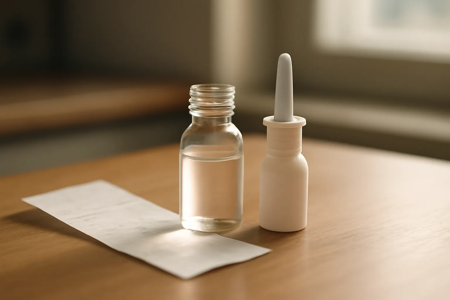 Glass vial and nasal spray applicator on a wooden counter representing selank cost per month