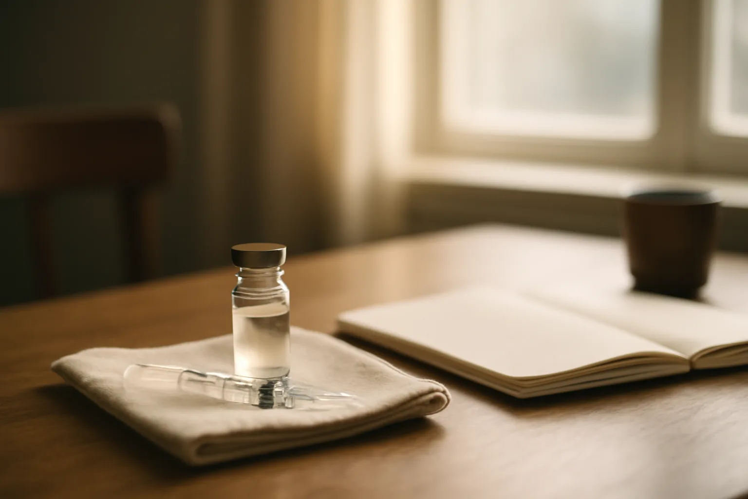 Vial and syringe on a desk in soft morning light, related to selank use