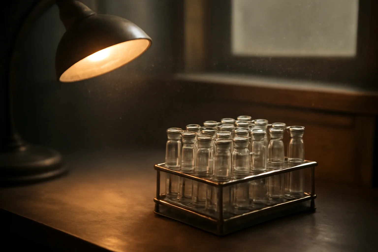 Lab vials and archive cabinet evoking selank's Russian research history