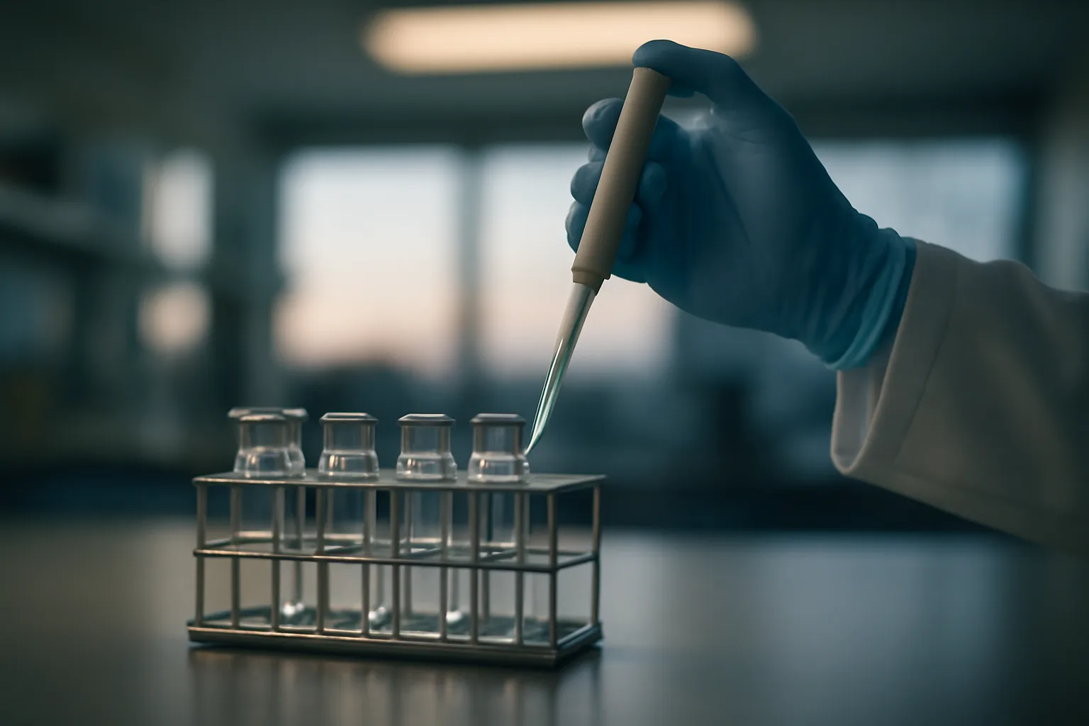 Researcher's gloved hand at a lab bench studying peptide vials under fluorescent light