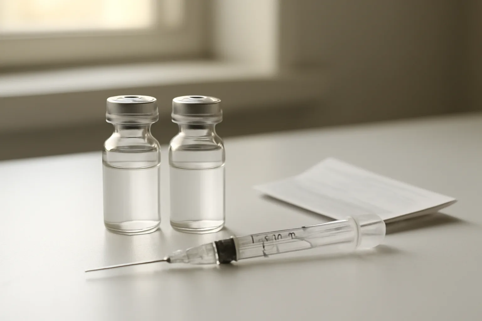 Two peptide vials and a syringe on a bench, representing a selank peptide stack