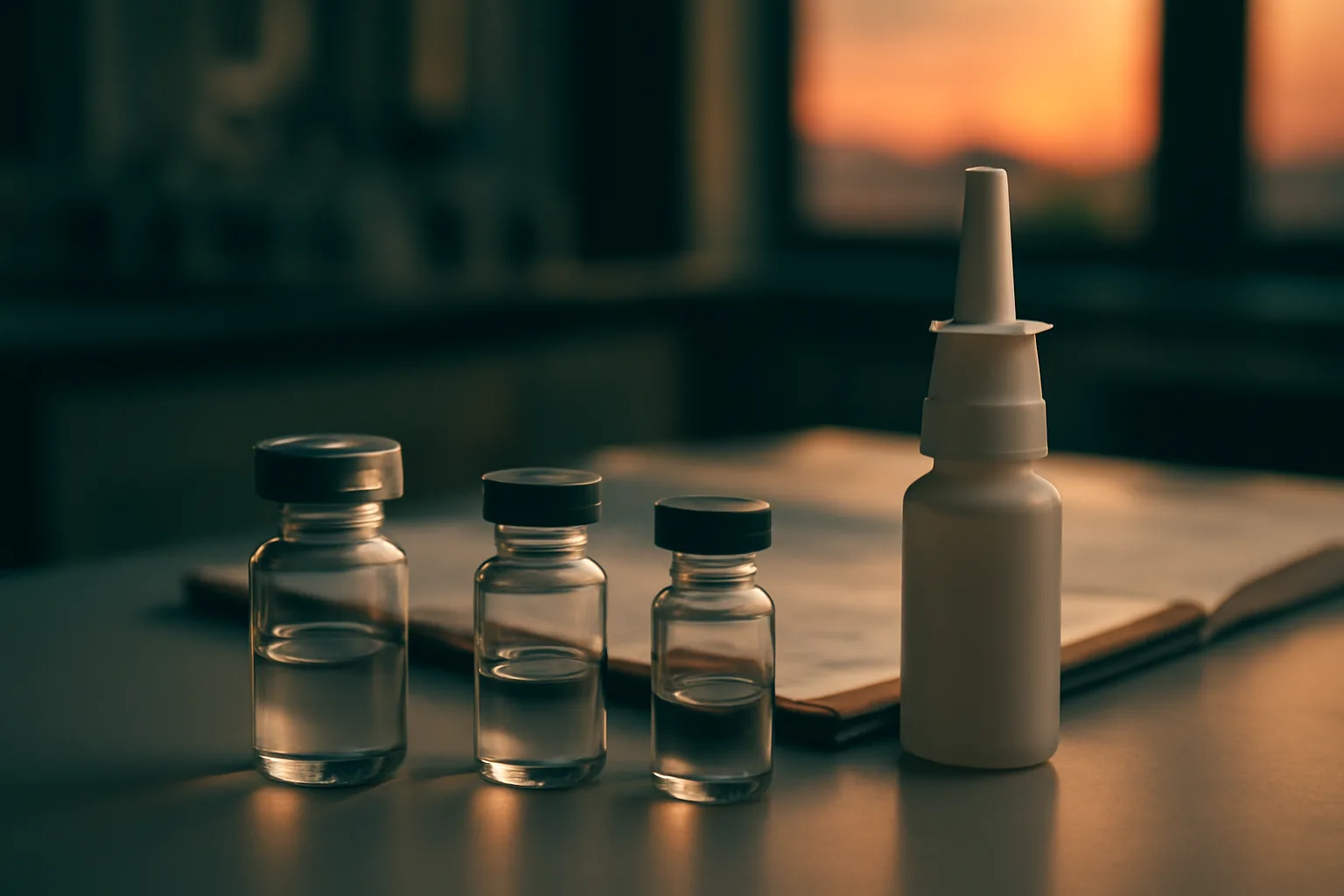 Lab bench with vials and a nasal spray bottle, evoking selank's research origins