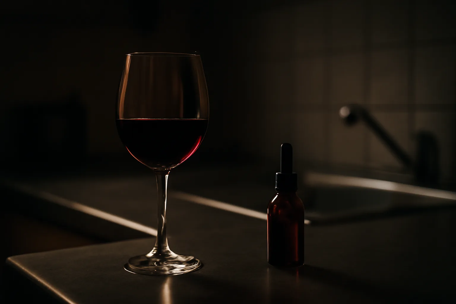 Wine glass beside an unlabeled peptide vial on a dark kitchen counter at night
