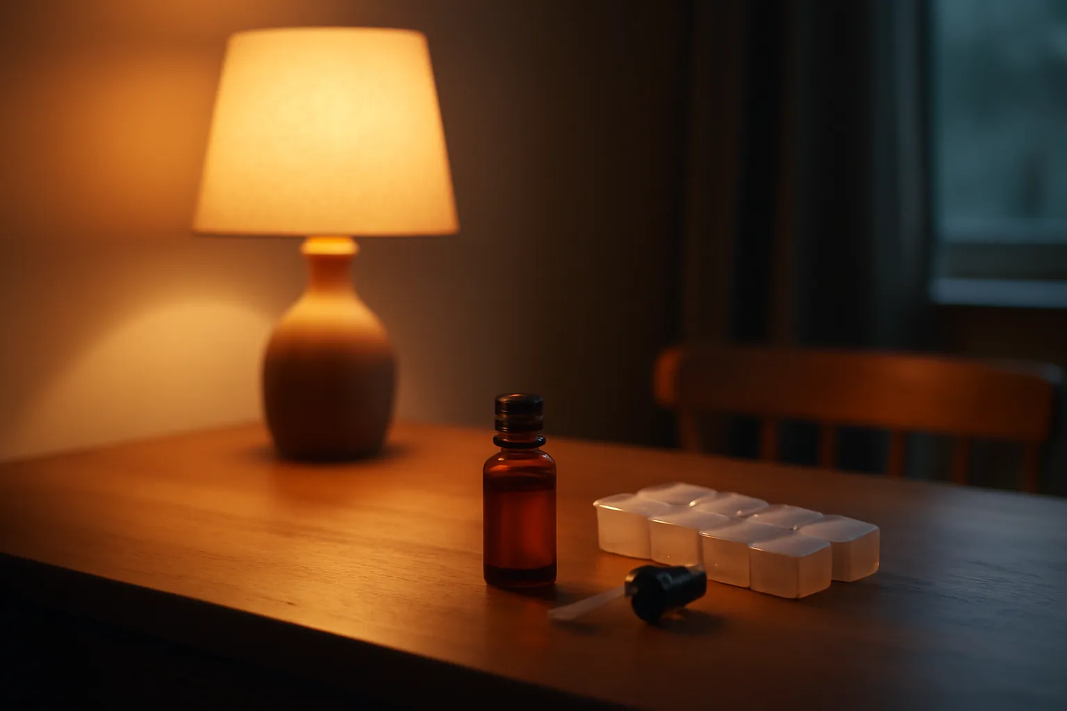 Amber vial and dropper beside a medication organizer on a home desk at dusk