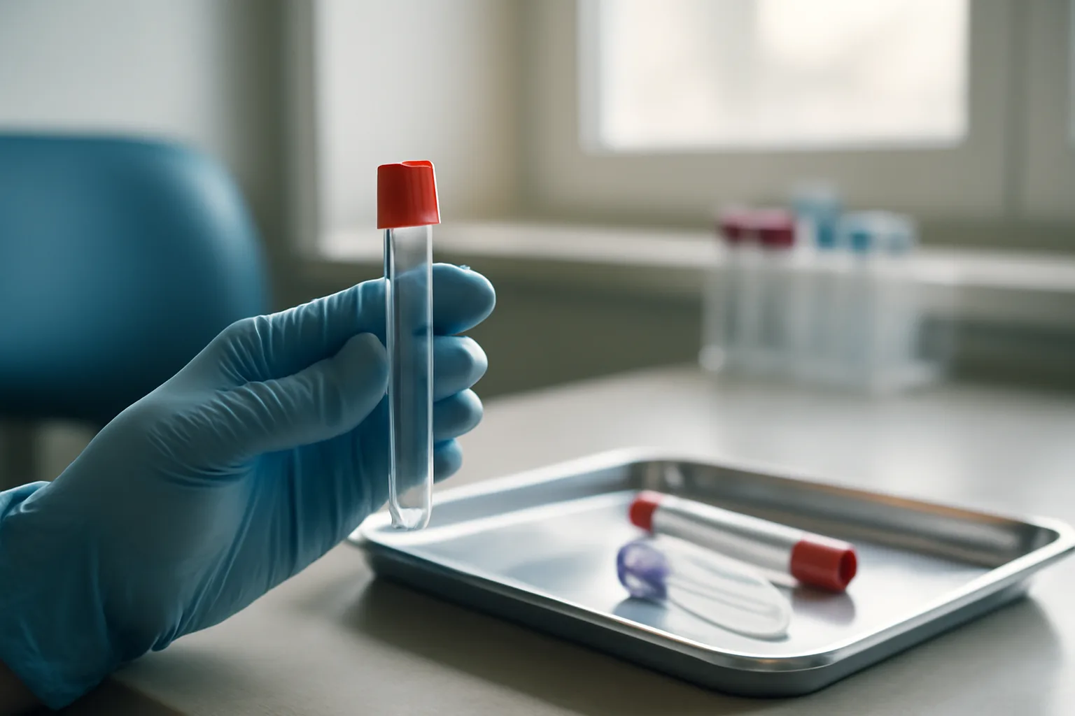 Phlebotomist's gloved hand holding a blood collection tube before a routine blood draw