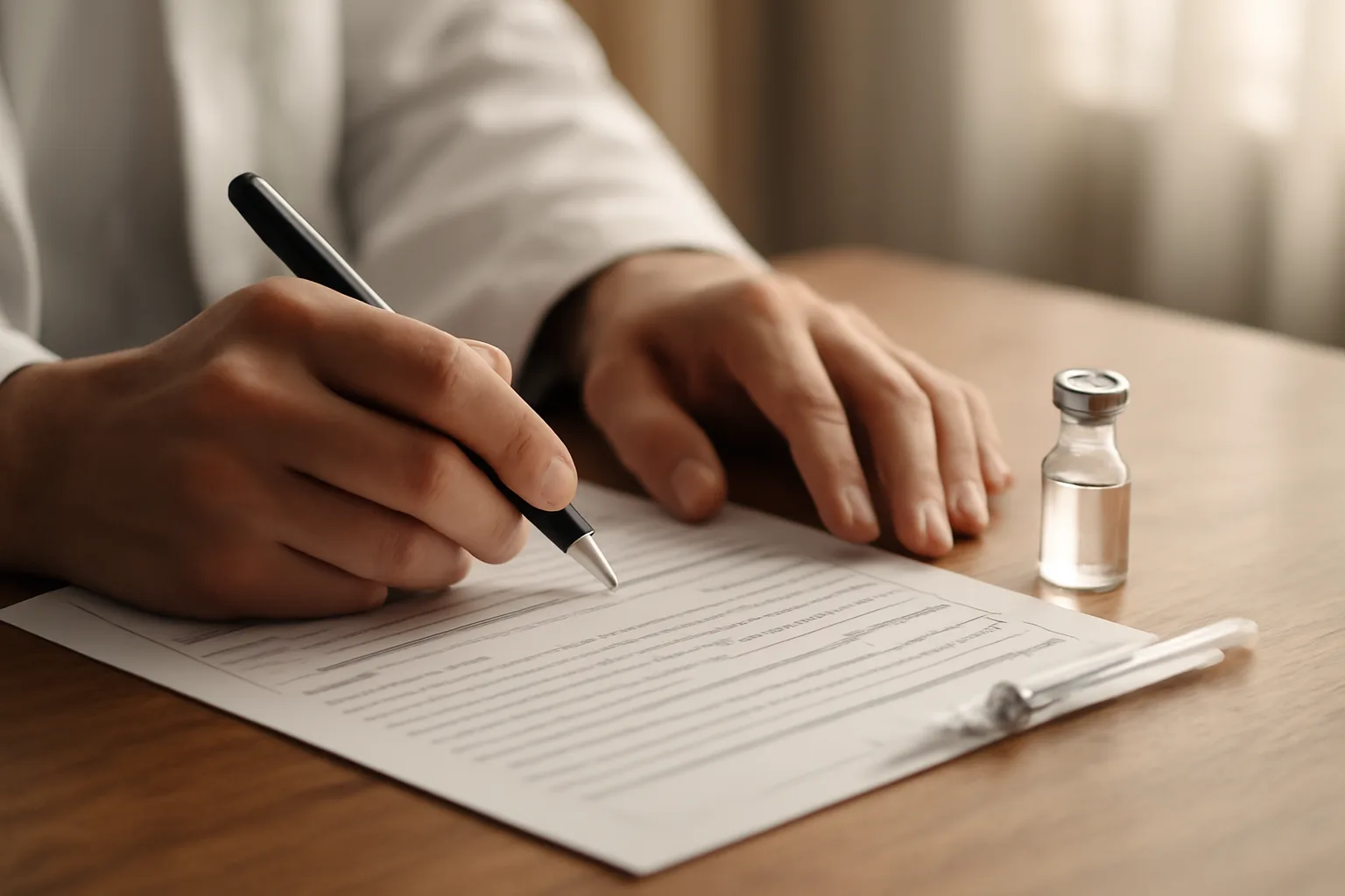 Clinician reviewing patient history next to unmarked vial, representing Selank contraindications screening
