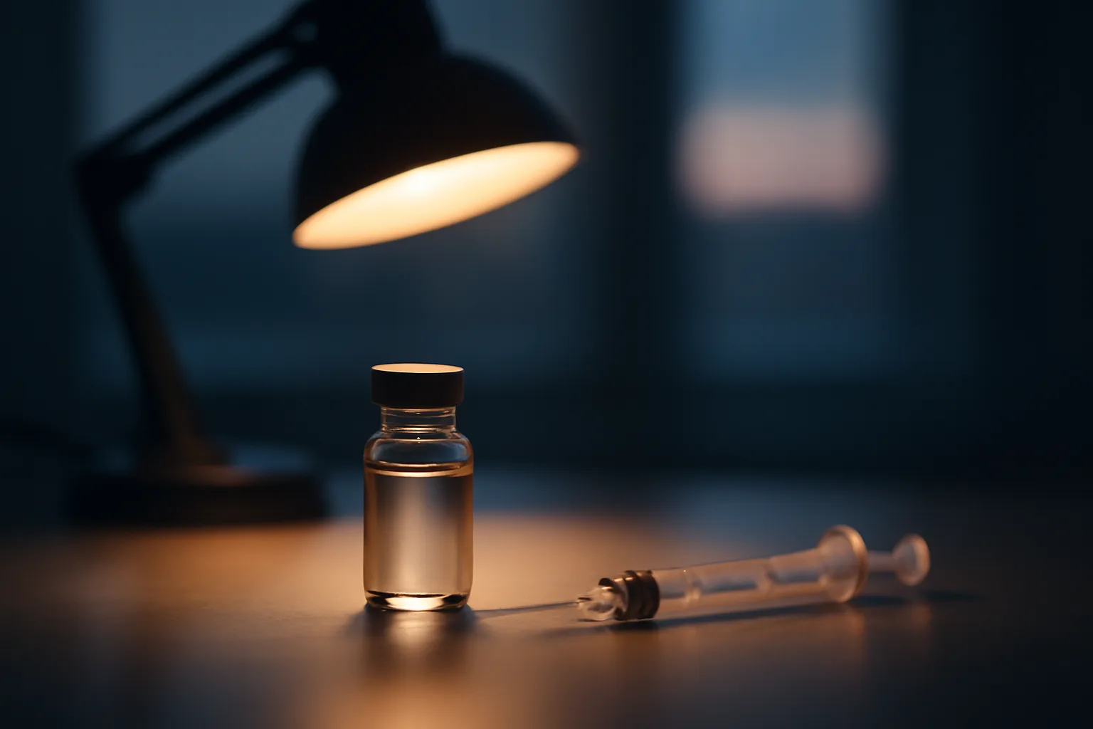 Glass vial and syringe on a lab bench, representing selank's legal gray zone