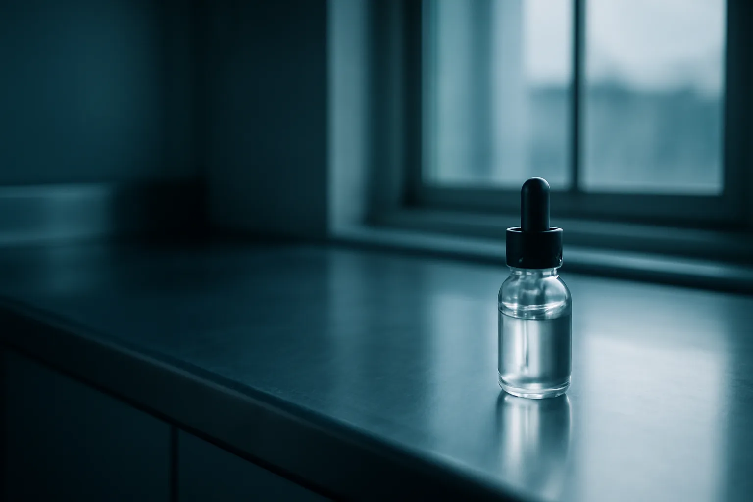 Glass vial on a steel counter suggesting long term selank safety research setting