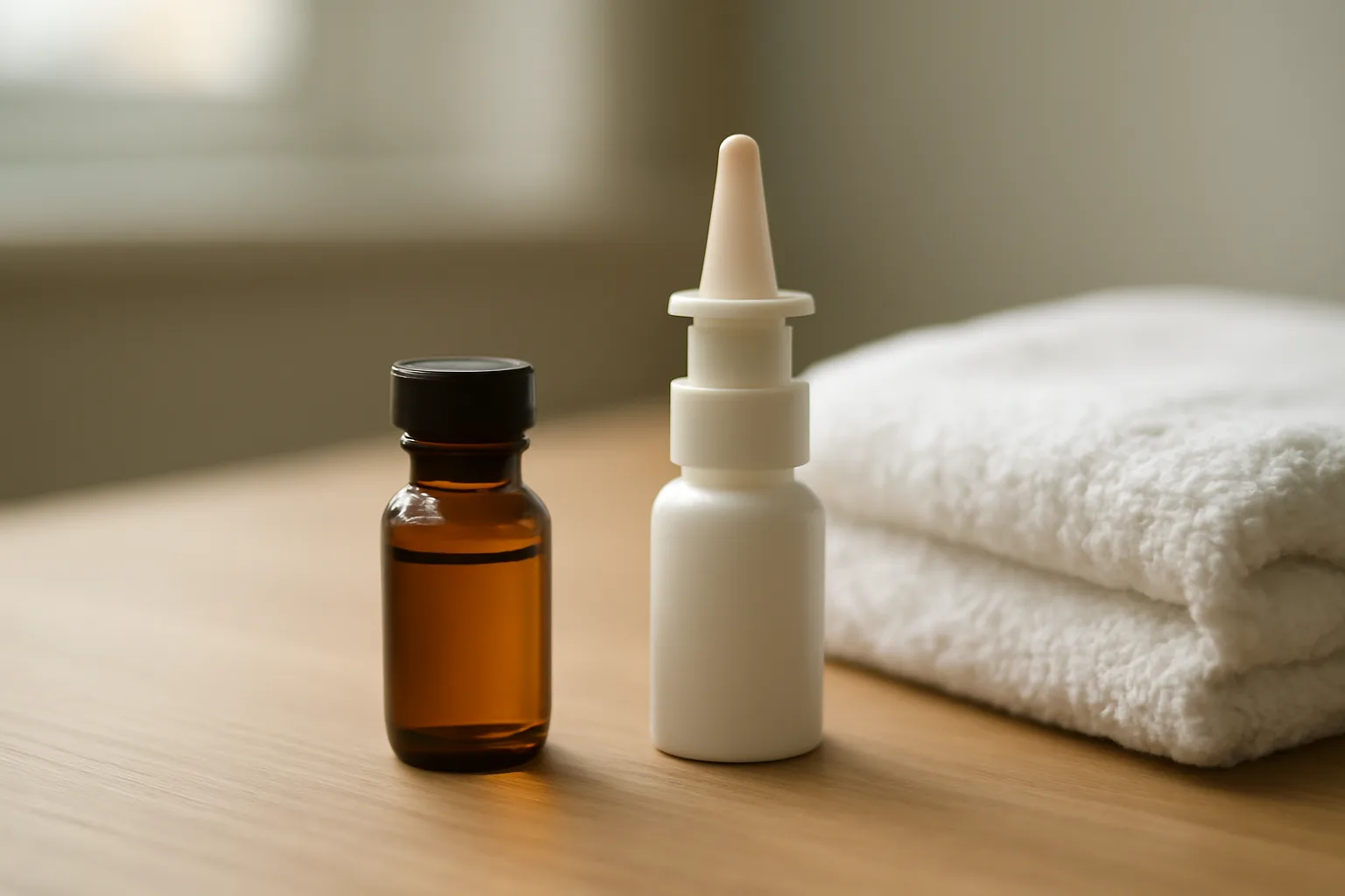 Nasal spray bottle and glass vial on a table, evoking selank not working troubleshooting