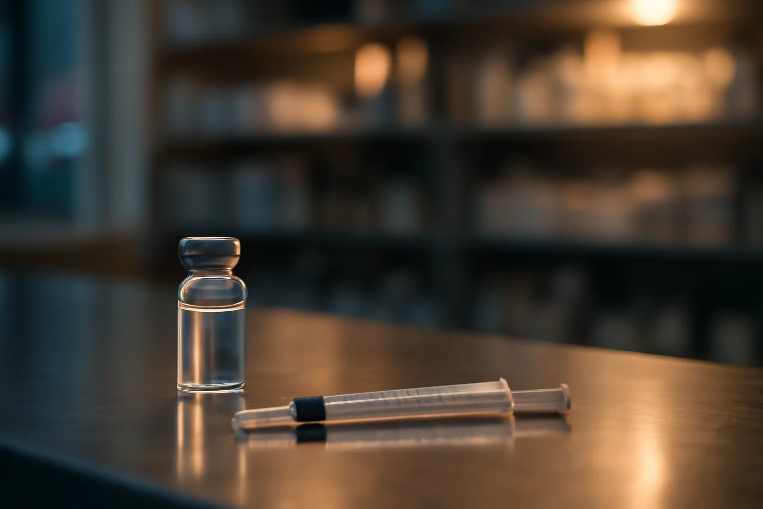 Glass vial and syringe on a stainless steel pharmacy counter under soft light