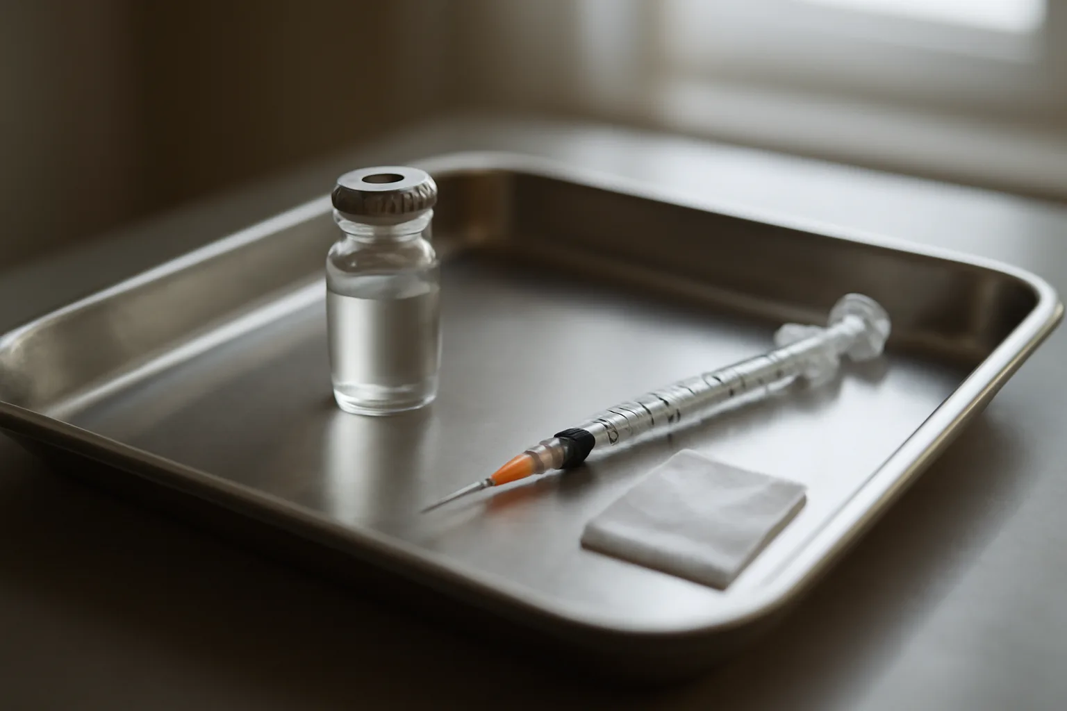 Vial and syringe on a steel tray representing a selank semax injection setup