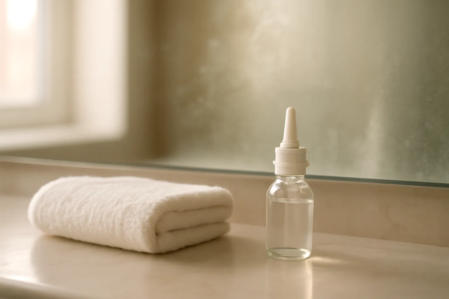 Nasal spray bottle on a bathroom counter, evoking selank side effects research