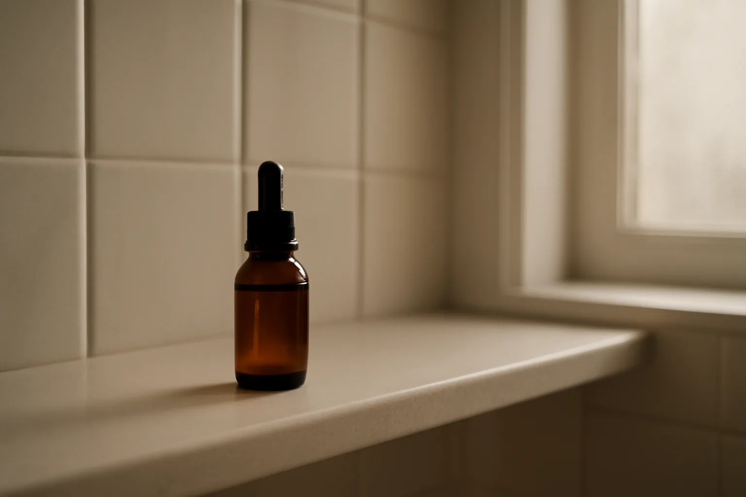 Amber dropper bottle on a shelf representing stopping a selank routine