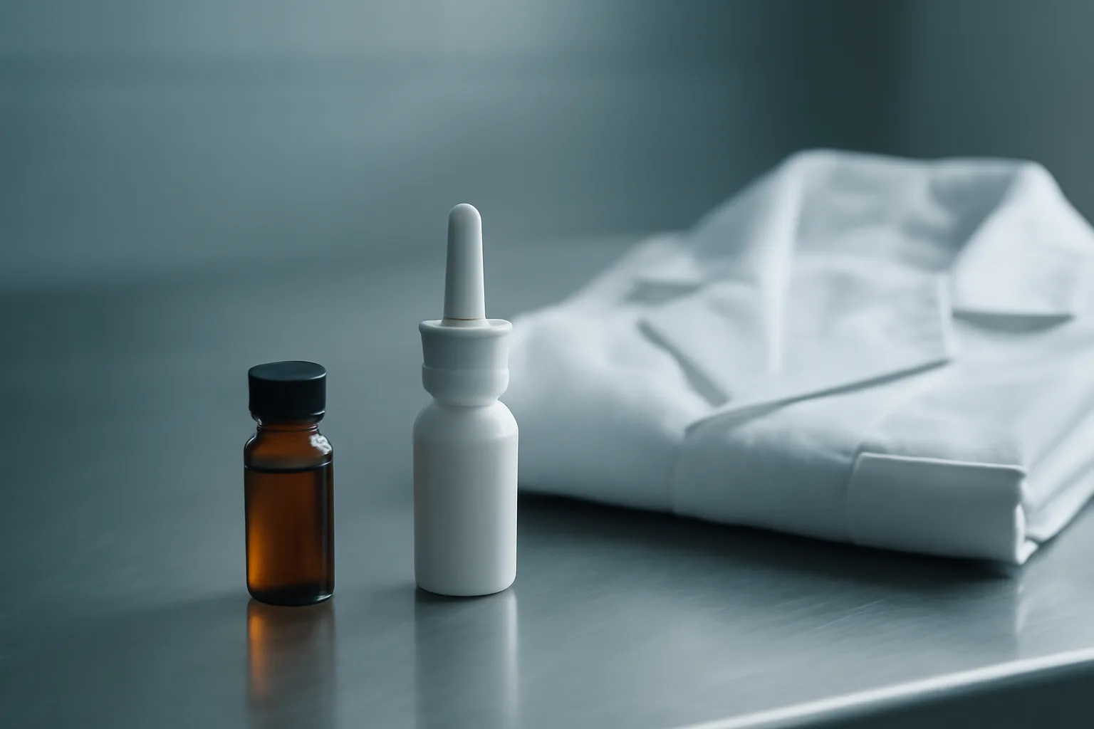 Amber glass vial and nasal spray bottle on a steel lab bench