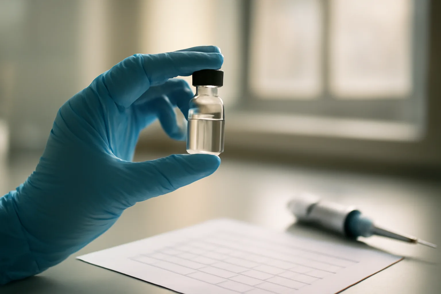Gloved hand inspecting a glass vial next to a lab analysis report on a bench