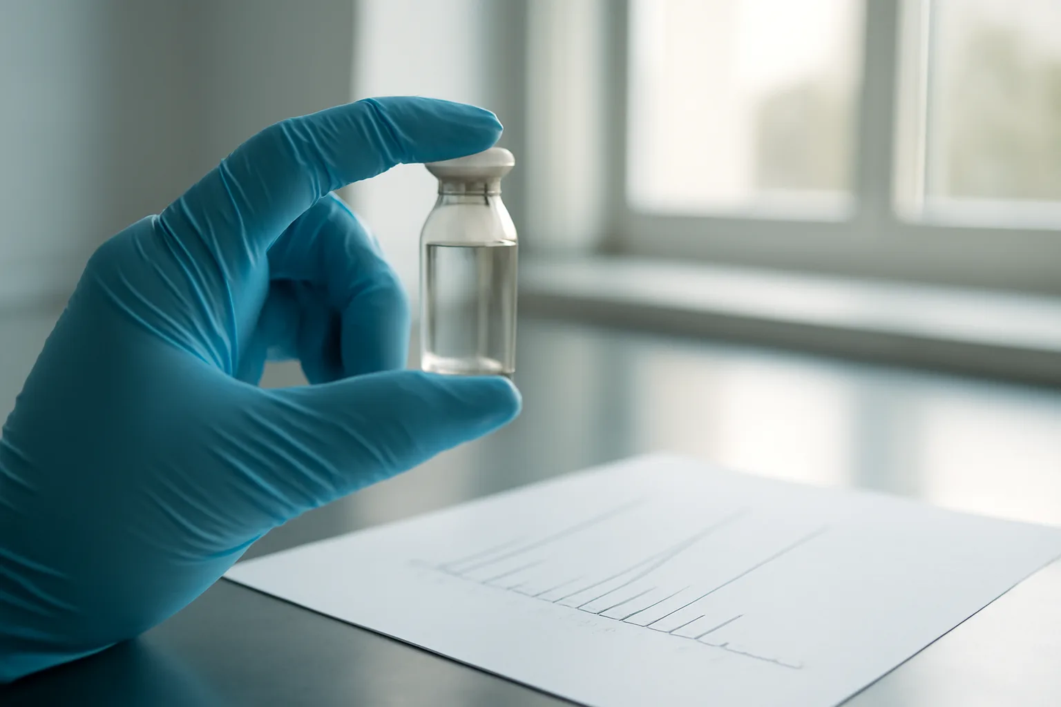 Gloved hand examining a glass peptide vial next to a printed chromatogram in a lab