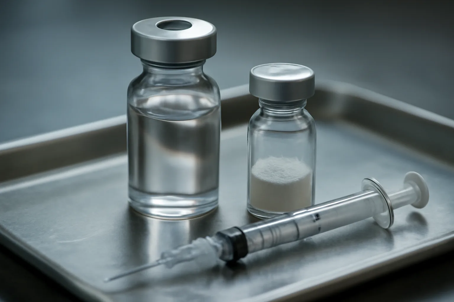 Unlabeled peptide vials and syringe on a steel tray, representing where to buy selank legally